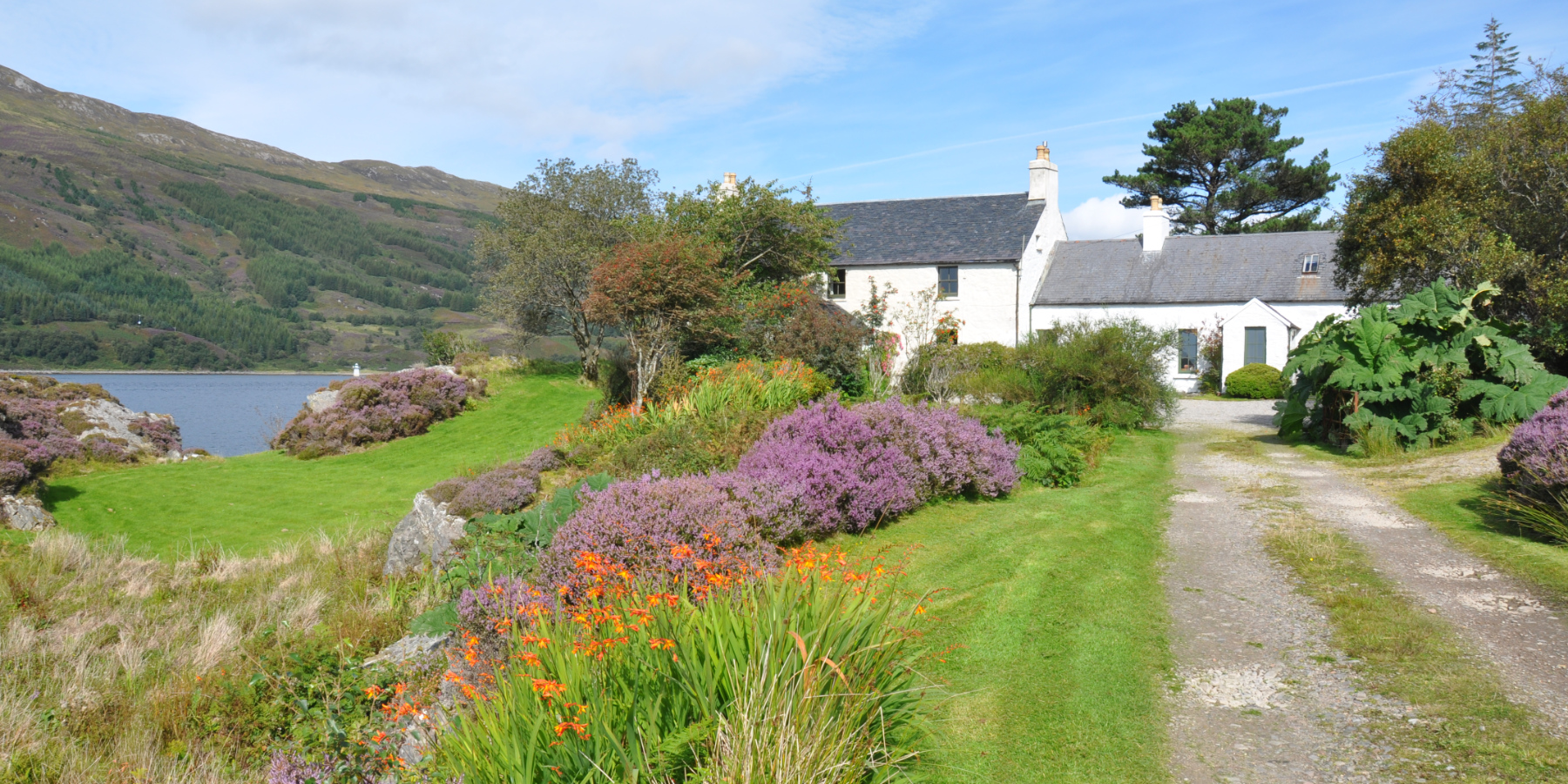 house and annex seen from drive with lawns and flowers in bloom in foreground